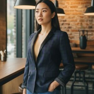 J‎ CREW Plaid Regent Wool Blazer Womens Size 2 Satin Lapel Blue Green Academia